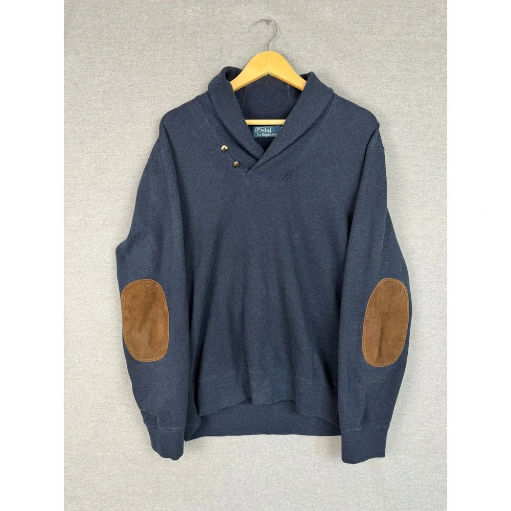 Polo Ralph Lauren Mens Large Navy Shawl Collar Sweatshirt Suede Elbow Patches‎